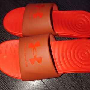 Under Armour Vibrant Red and Rich Brown Slides
